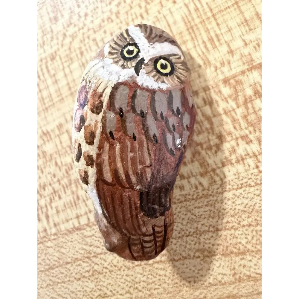 Vintage Hand Painted Stone Owl Brooch Pin Folk Art Artisan Bird Nature Jewelry